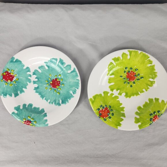 LAURIE GATES Melamine Floral Plates Embossed Orange Green Yellow Teal Set Of 6 - Picture 2 of 7